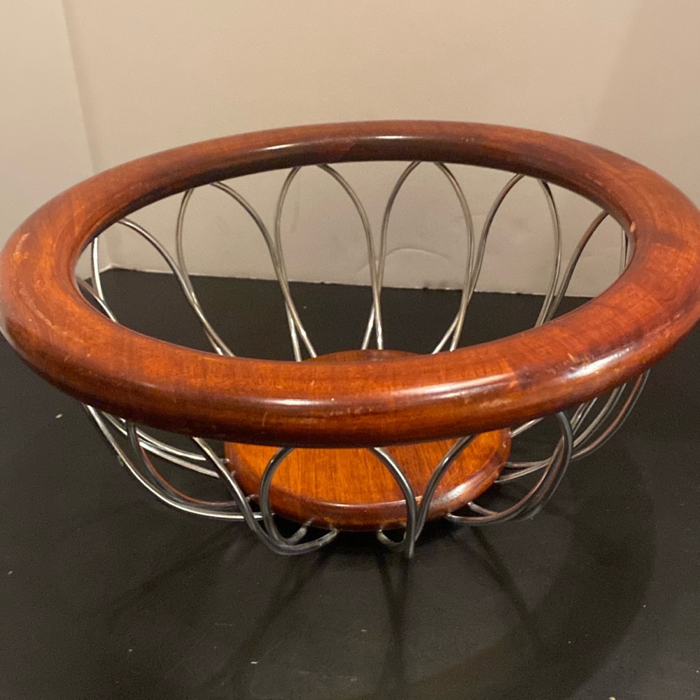 Wood & chrome metal fruit bread basket table centerpiece bowl 12x6”